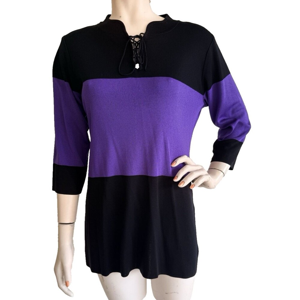 EXCLUSIVELY MISOOK Top Black Purple Colorblock Lace Up Neckline 3/4 Sleeve S